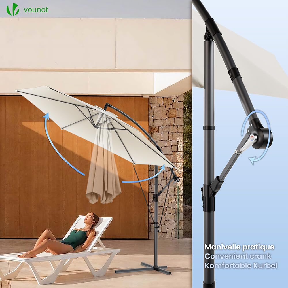 VOUNOT® 300 cm Parasol Excentrico, Sombrilla de Jardín con Manivela, Funda Protectora y Correa de Fijación, Protección UV, Beige