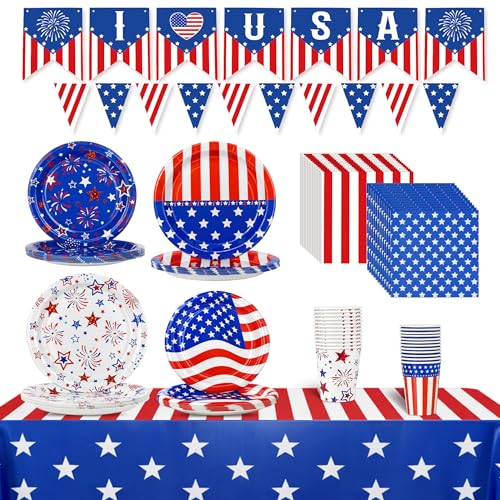 SPRFAIRY 4th of July Party Supplies Set American Patriotic Theme Kit for Independence & Election Day Decorations Includes Plates, Napkins, Table Runner, Cups, Banner (24 Guests)
