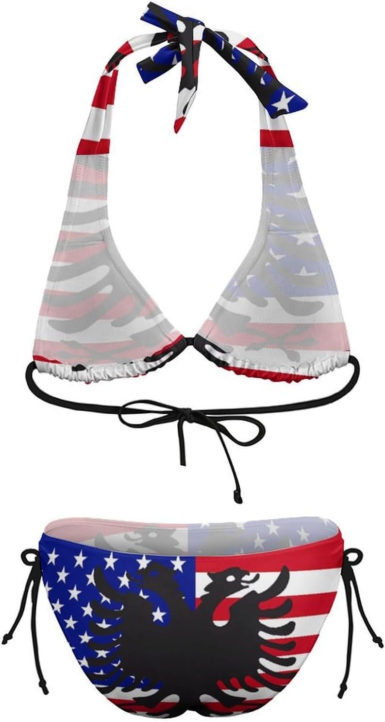 Albanian & U.S. Flag Novelty Women's 2 Piece String Bikini Set Swimsuits Bathing Suit Swimwear