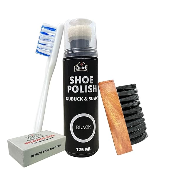 Quick Nubuck and Suede Shoe Polish and Shoe Care Kit | Color - Black | Pack of 125 ML Shoe Polish Renovator, Handled Brush, Suede Wooden Brush and Cleaning Block. Complete Suede Nubuck Cleaning Kit