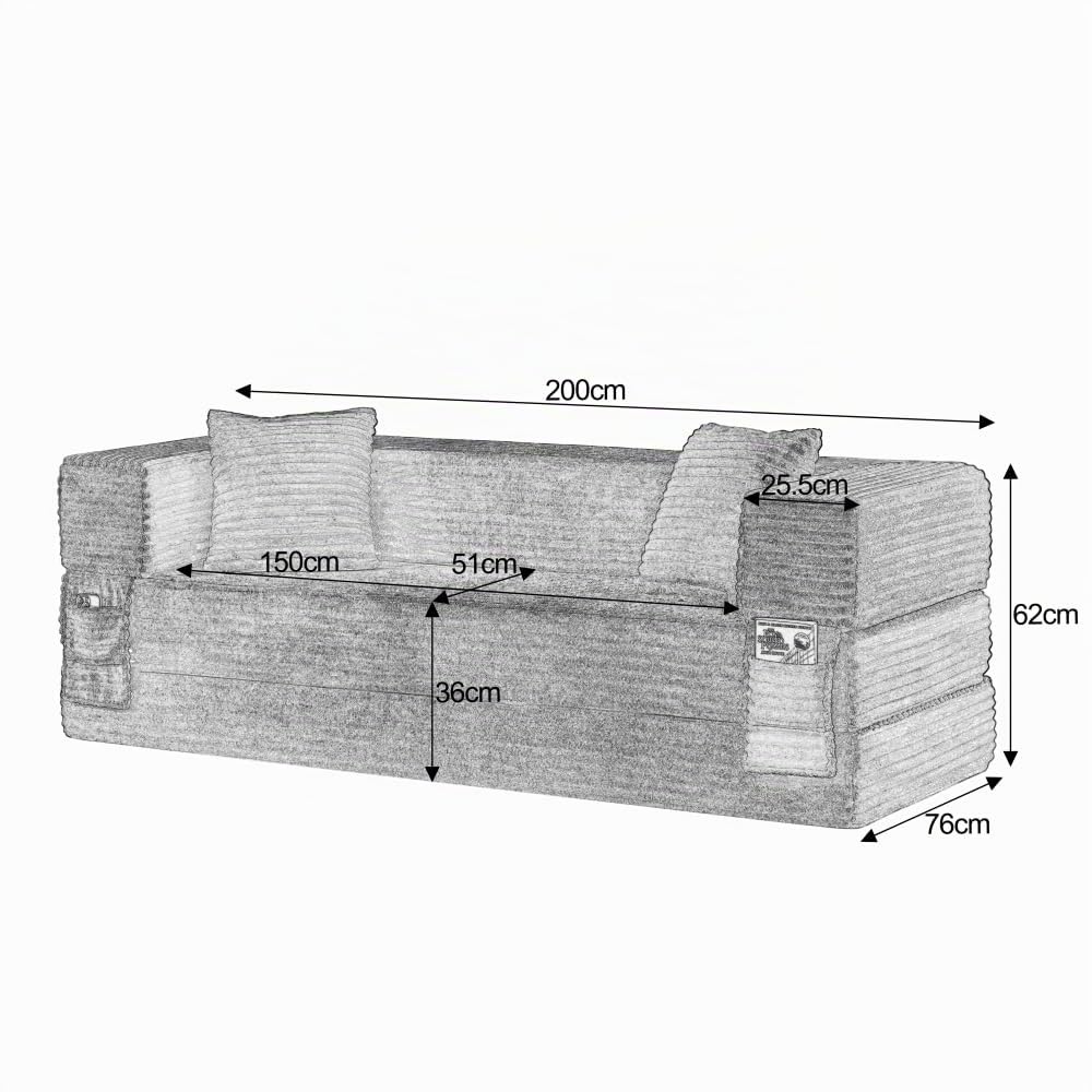 Sofá Cama Plegable de Pana, Sofá Convertible Moderno con Diseño Cuadrado Clásico y Estructura de Doble Capa, Mueble de Salón Multifuncional Convertible en Cama para Apartamento y Oficina (Negro)