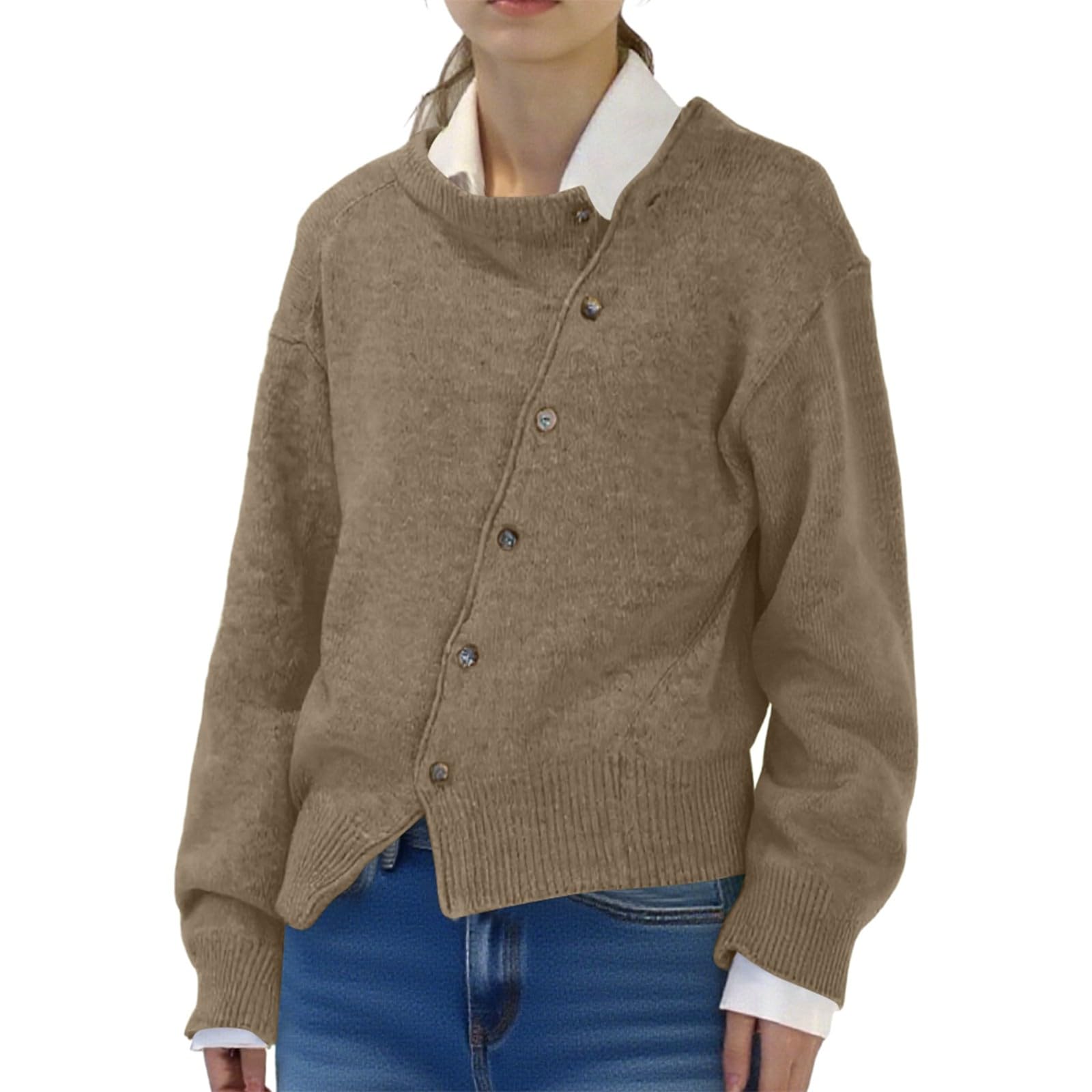 Womens Solid Color Asymmetrical Button Cardigan Sweater Open Front Loose Knit Casual Long Sleeve Fall Winter