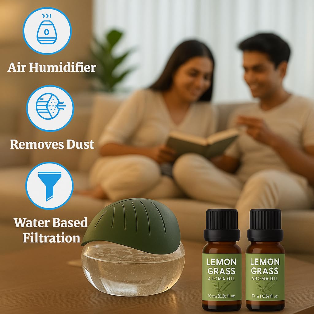 Portable 3-in-1 Green Air Revitalizer | Aroma Diffuser with Free Aroma Oil | Humidifier with 1800ml Tank for Home, Office, Bedroom & Spa (2 Pack, Humidifier with Lemongrass)