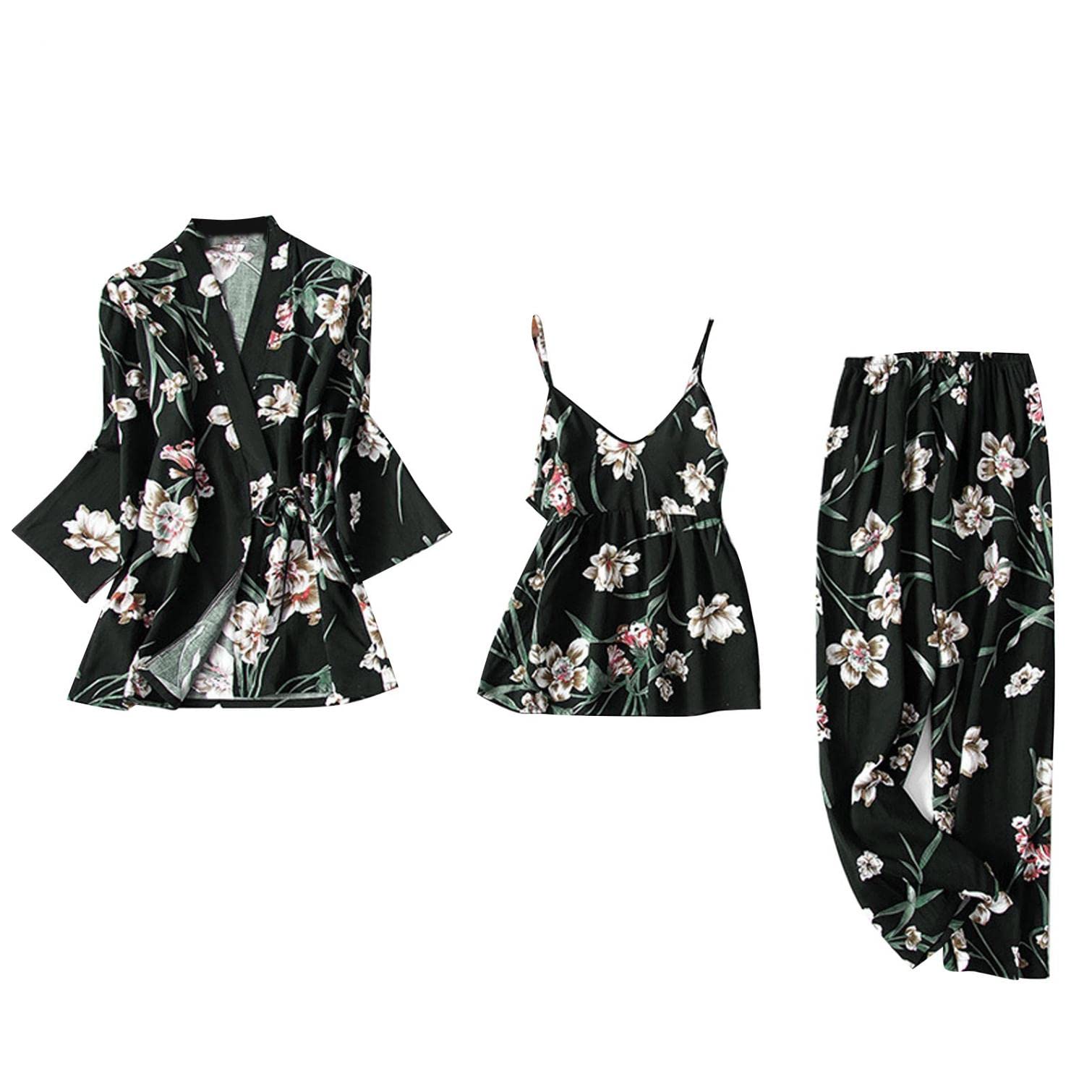 zhandouji Womens Satin Pyjama Set Floral Short Robe Trousers Camisole Cami Top Silk Dressing Gown Nightdress Nightgown Homewear Sleepwear Lingerie Set