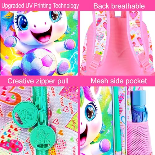 Image of HPJGD 3PCS Kids Unicorn Backpack for Girls, Soccer Bookbag Set with Lunch Box, Cute Water Resistant Elementary School Bag for Preschool Toddler - Pink Unicorn with Football