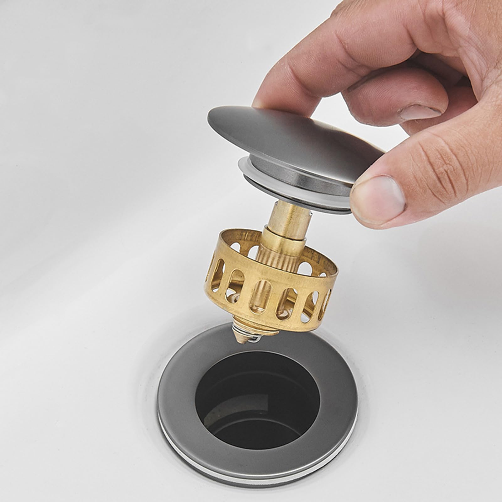 Piletta Di Scarico Lavabo Universale G1 1/4“,Canna Di Fucile,Piletta Lavabo Bagno Click Clack,Tutto Rame Anticorrosione,Scolapiatti A Rimbalzo Con Cestello,grigio Canna Di Fucile B