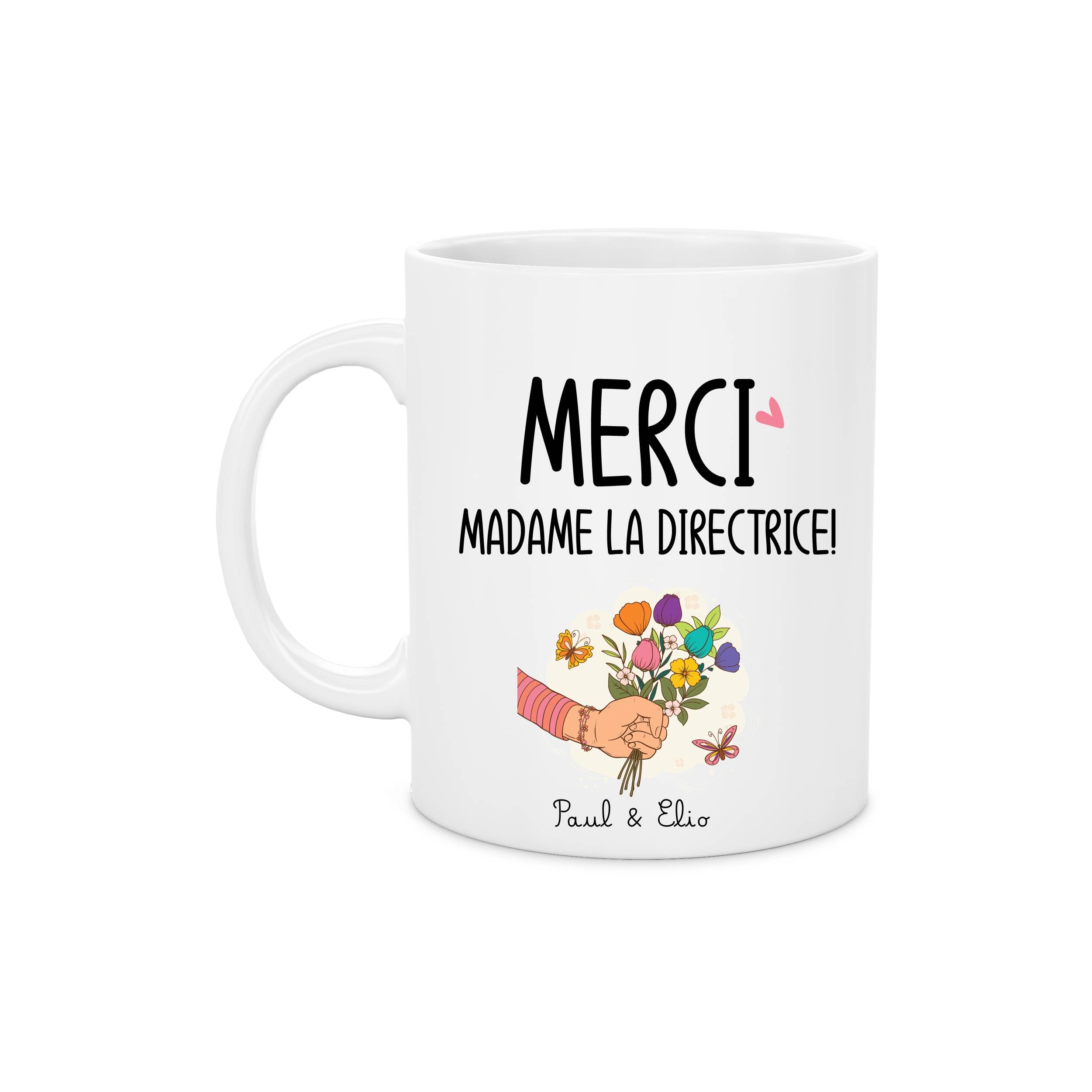 Mug Céramique Merci Madame la Directrice – Personnalisé avec Prénom(s) Enfant(s) – Illustration Main et Bouquet de Fleurs – 330 ml – Cadeau Fin d’Année Scolaire