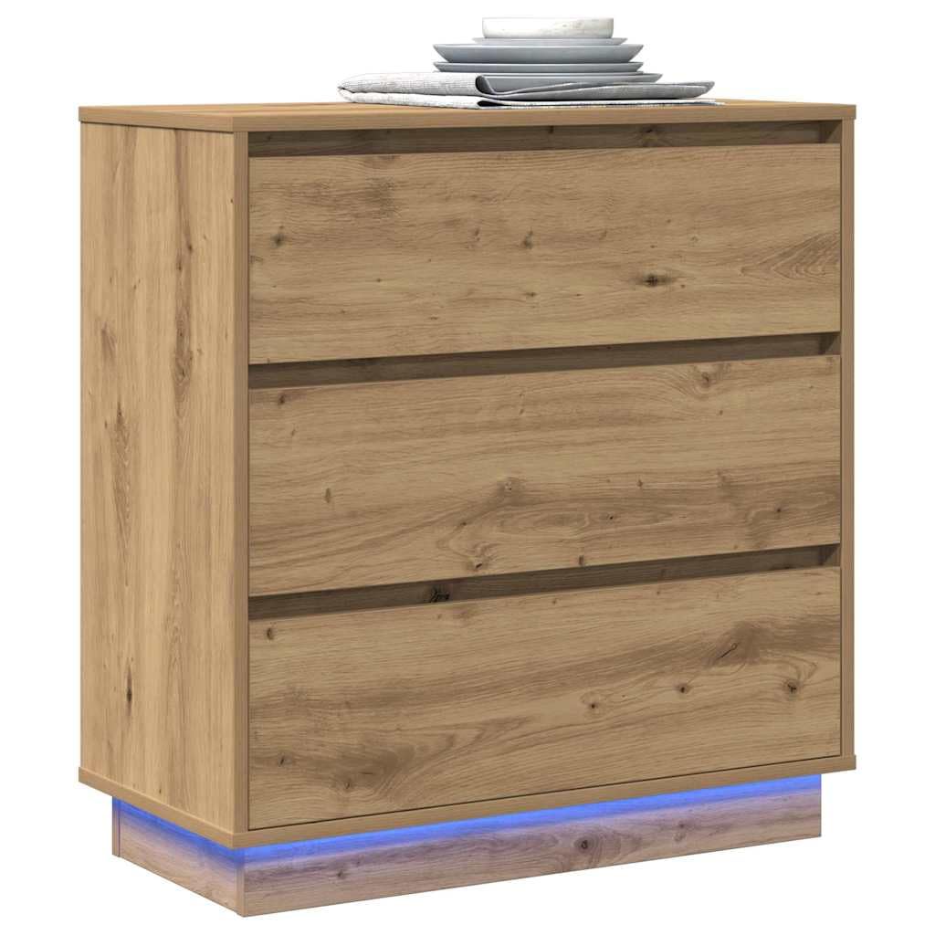 Nachttisch Artisan-Eiche 71 x 34,5 x 75 cm Holzwerkstoff mit LED-Lichterkette Beistelltisch, Schlafzimmer Organizer, Schubladen, Stauraum, moderner Fachkonsole für Schlafzimmer, Wohnzimmer