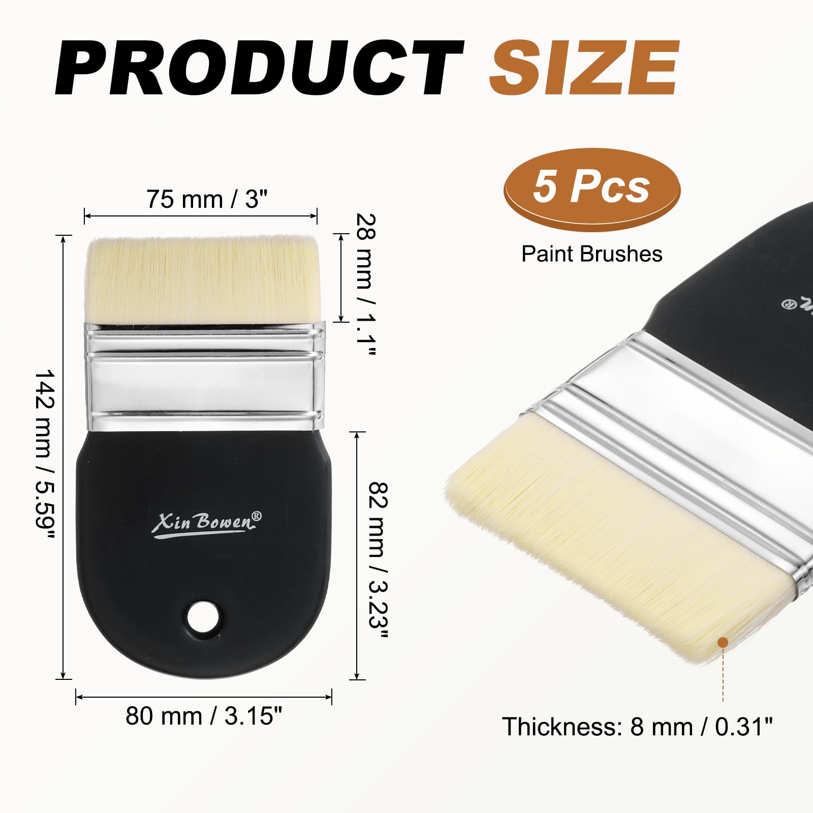 QUARKZMAN 5 Pcs Pennello Piatto Da 3" Di Larghezza, Pennelli Per Pittura Con Setole In Nylon E Manico Corto In Legno Per Acrilico Olio Vernici Acquerello Pittore, Nero
