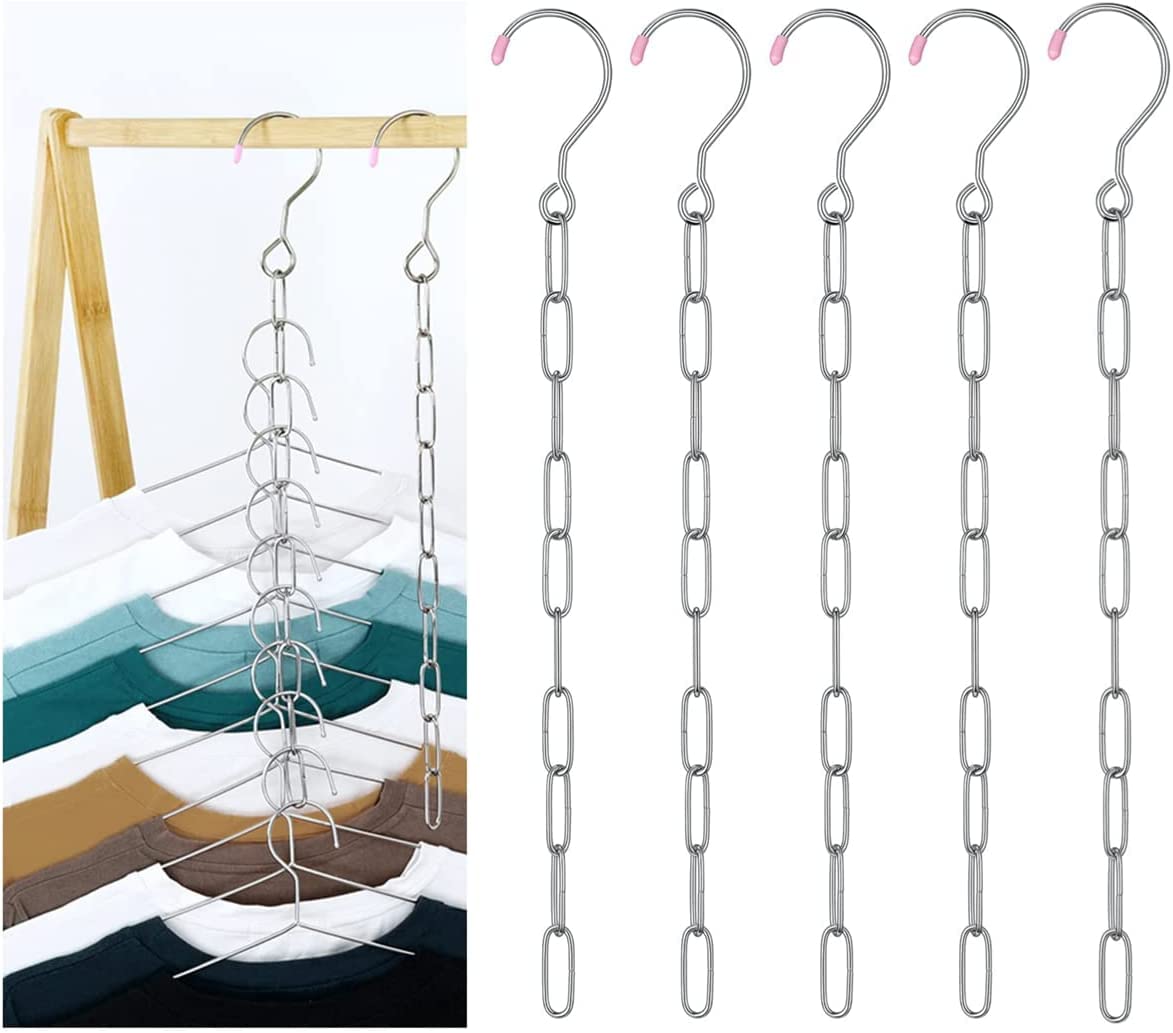 Metal Cascading Hangers Closet Organizer, Senbos 5pcs Stainless Steel Chain Clothes Hanger Organizer with 10 Slots, Closet Storage Organization Space Saving Hangers for Wardrobe Closet