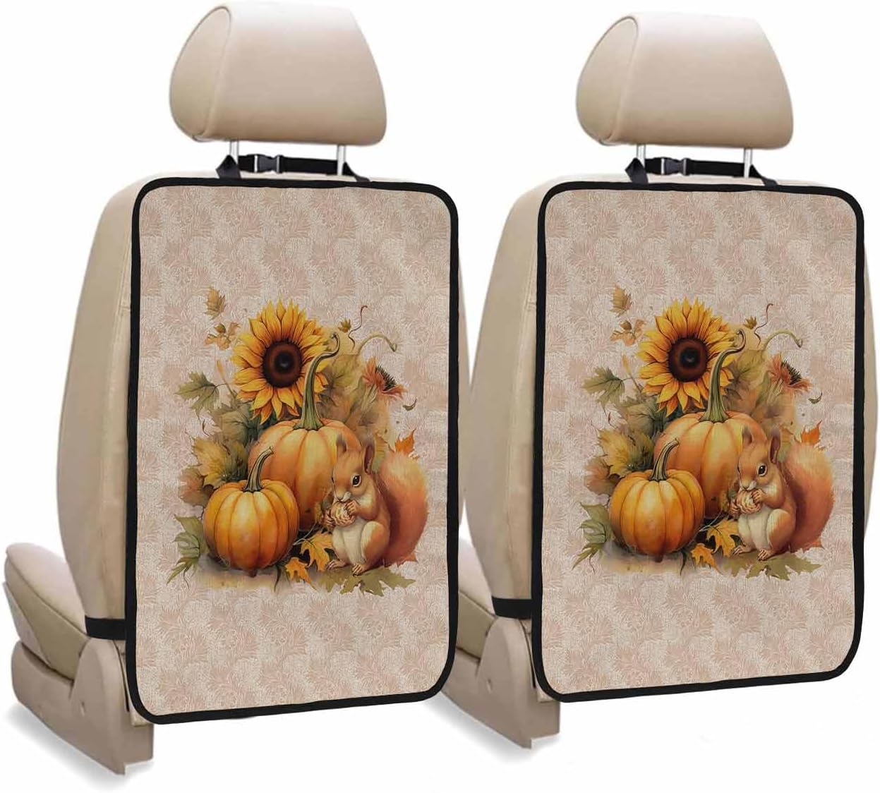 Car Seat Protector, 2 Pack Kick Mats Back Seat Protector Thanksgiving Sunflowers and Pumpkin with Squirrel Beige Waterproof Backseat Cover for Kids Universal Fit Automotive Interior Protectors