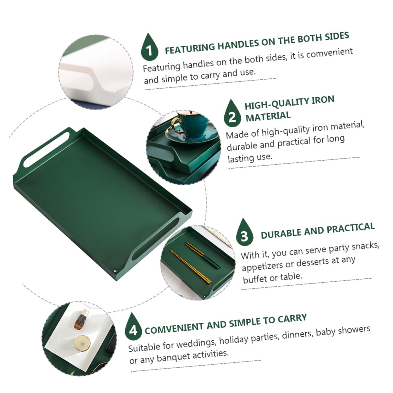 TOYANDONA Bandeja Metálica Rectangular con Asas Resistente para Servir Comida Reuniones Familiares y Eventos Diseño Artesanal Hierro Verde Grande para Aperitivos y Postres