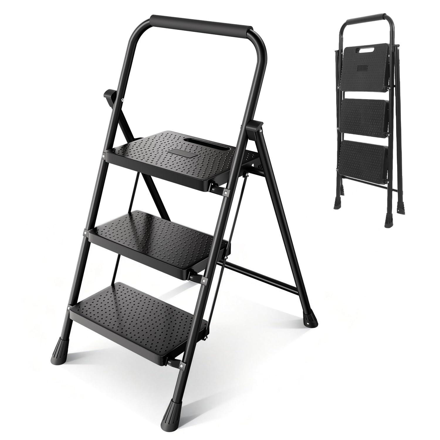 Sekey Escalera 3 Peldaños Plegable, Marco de Acero, Peldaños de Plástico Antideslizantes, para Hogar y Cocina, TÜV y SGS, EN 131-2 y 14183, Soporta hasta 150 kg, Negro
