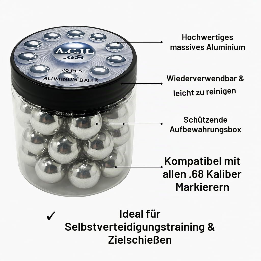 Aluminium-Balls .68 Kal. Solid Resuable Paintballs Powerballs for Target Practice, Training and Defense Pistolen in 68 Kaliber (40 Stück)