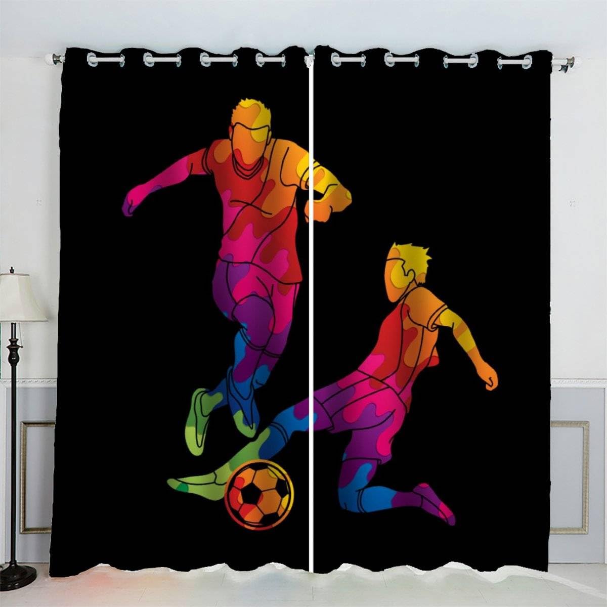 AKATIE Blackout Curtain Football Sports Theme Kid Insulated Drapes Soccer Player 3D Print Eyelet Window Curtains for Boys Girls Teens Children kids Bedroom Set of 2 Panels (W150xL166cm)