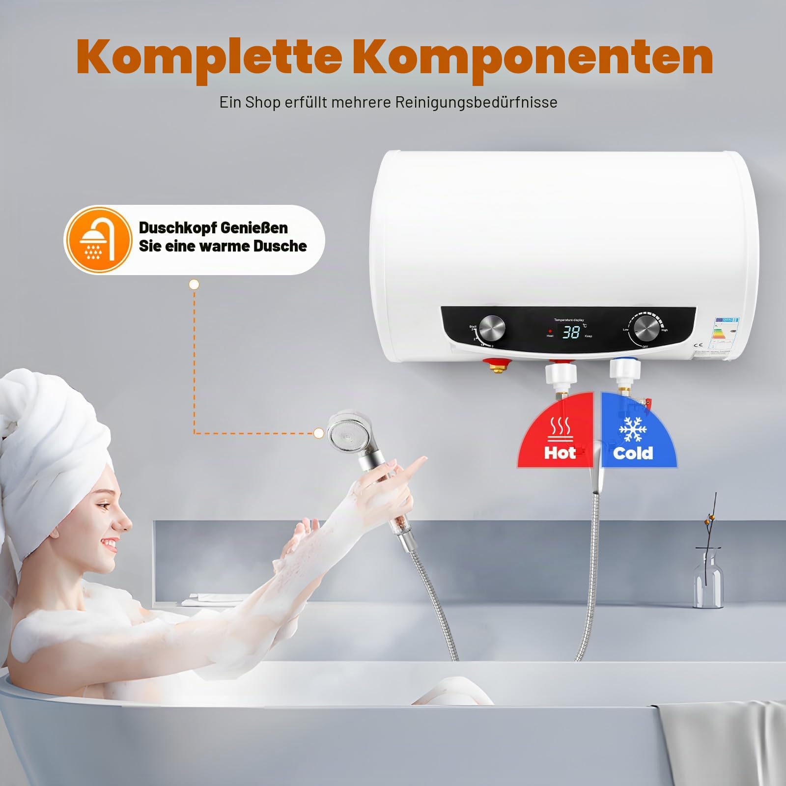 50 Liter Elektro Warmwasserspeicher 2000W Heizleistung Boiler Warmwasserboiler Speicher Leckage-Schutz, Upgraded Horizontal Wandhänge 25-75°C Wasserboiler [Energieklasse B]