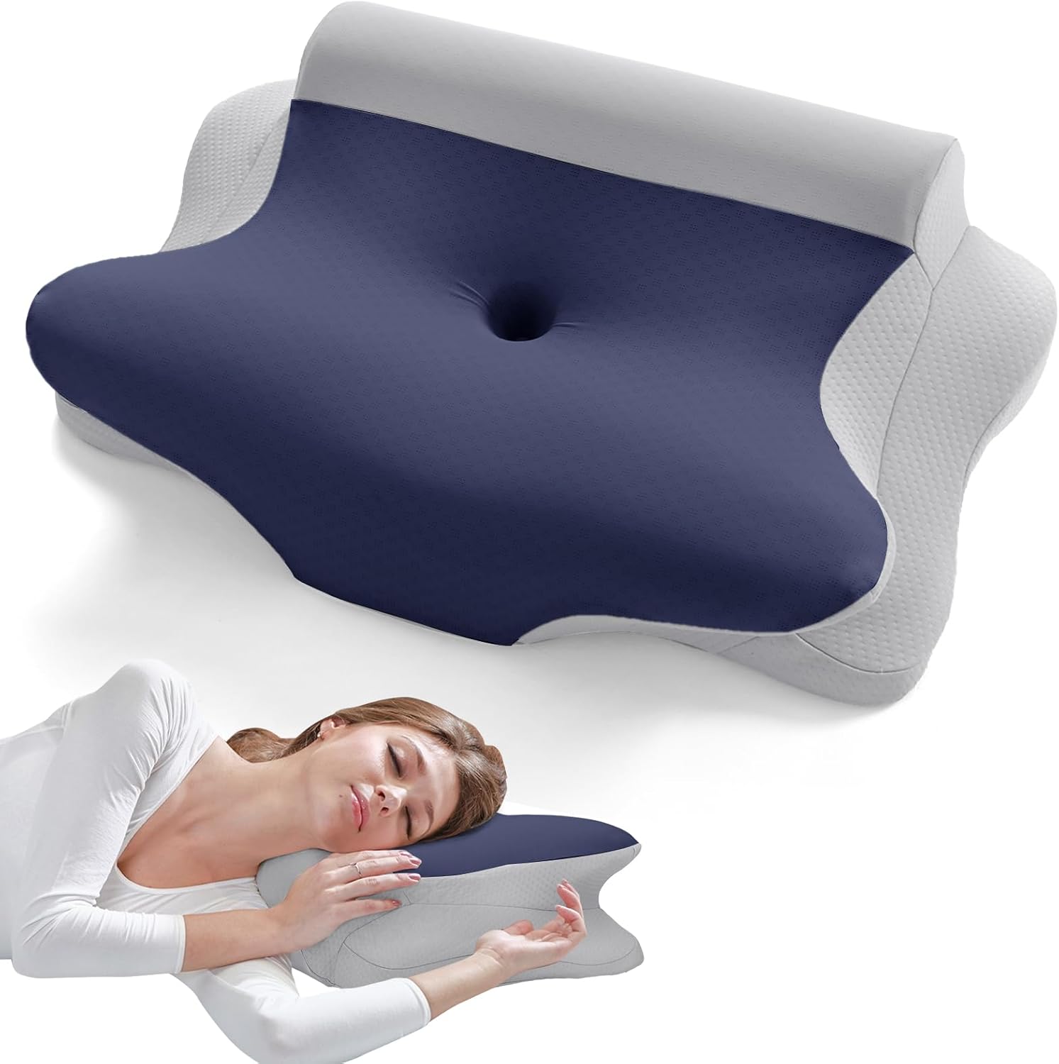 JOLLYVOGUE Neck Pillow for Pain Relief – Contour Memory Foam Cervical Pillow with Cooling Pillowcase, Ergonomic Orthopedic Support for Side Back Stomach Sleepers, Grey & Dark Blue