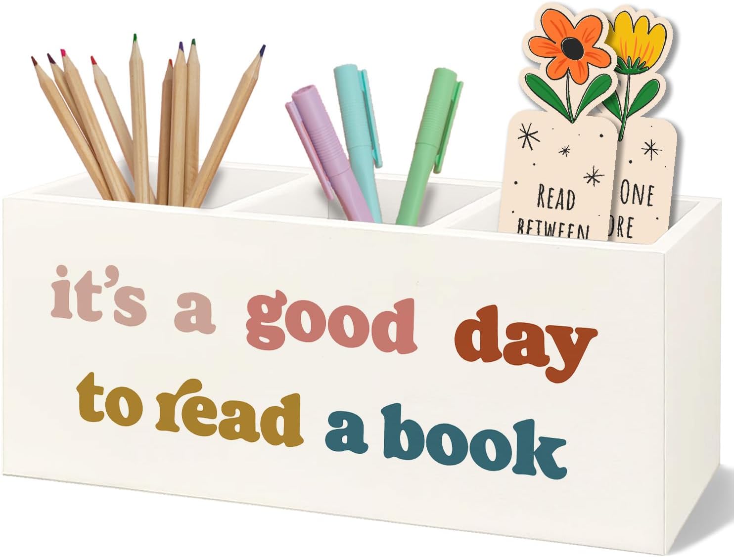Bookmark Holder Decor Wooden Pen Pencil Holder for Desk, Book Club Gifts It's a Good Day to Read a Book Wood Makeup Brush Toothbrush Organizer for Reading Corner Room Library