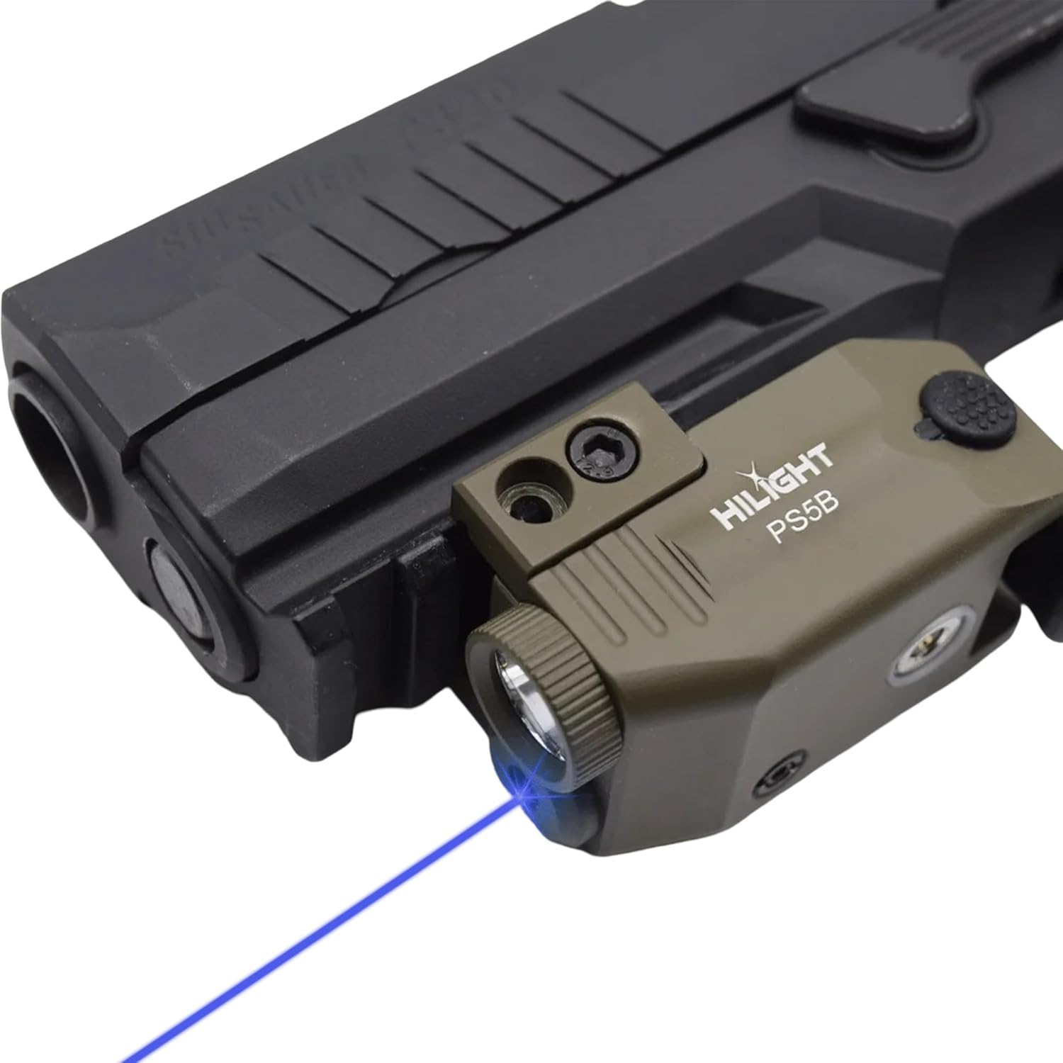 HiLight Tactical Primal PS5B TAN - 400 Lumen Flashlight w/Strobe & Single Blue Laser Beam Combo - Aluminum with Magnetic Rechargeable Battery - Rail Mount Light & Laser Class IIIA <5mW Glock Sig S&W