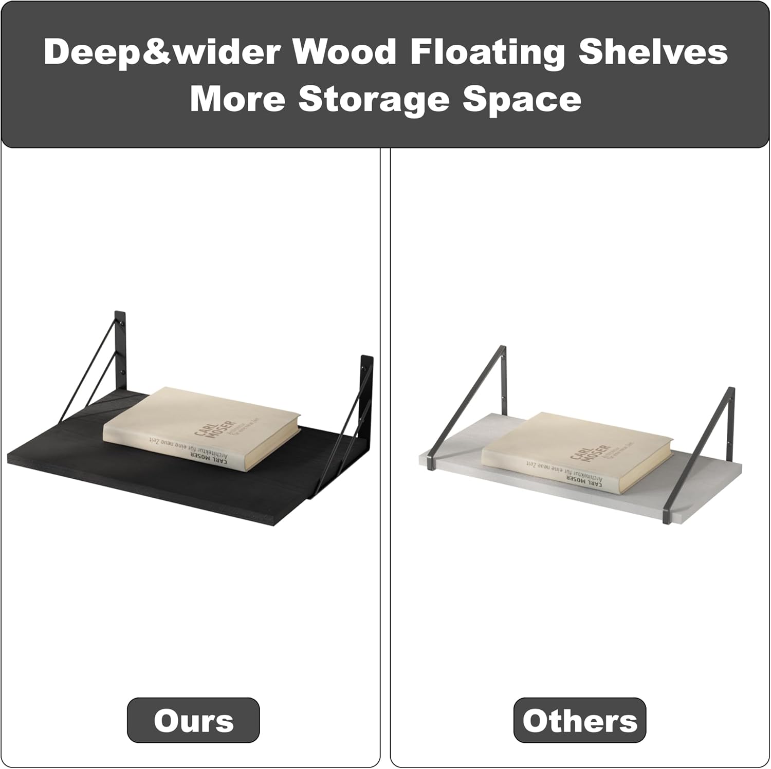 Love-KANKEI Wide Floating Shelves for Wall, Black 16" W x 12" D Large Deep Wood Wall Shelves for Storage in Bathroom, Bedroom, Living Room, and Kitchen Set of 2