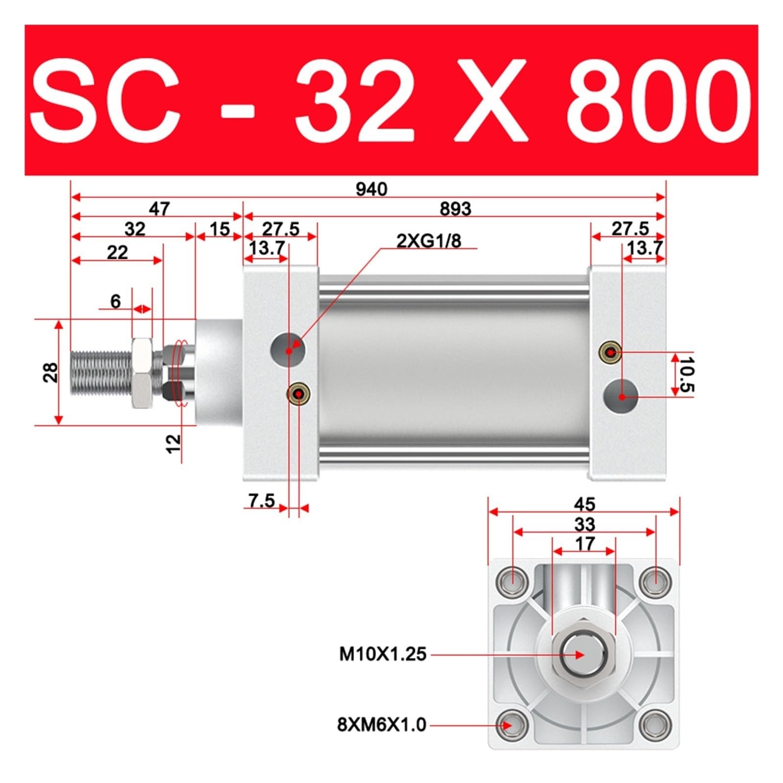 DEBLAN Cilindro neumático estándar SC32 * 800 Accidente cerebrovascular 800mm Empuje 28KG actuadores neumáticos for automatización Industrial Movimiento Lineal