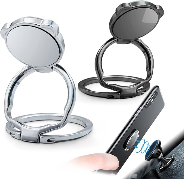 2 Pieces Magnetic Mobile Phone Ring Holder Grip,Double Ring Bracket,360 Degree Rotation Finger Ring Kickstand (Black+Silver)