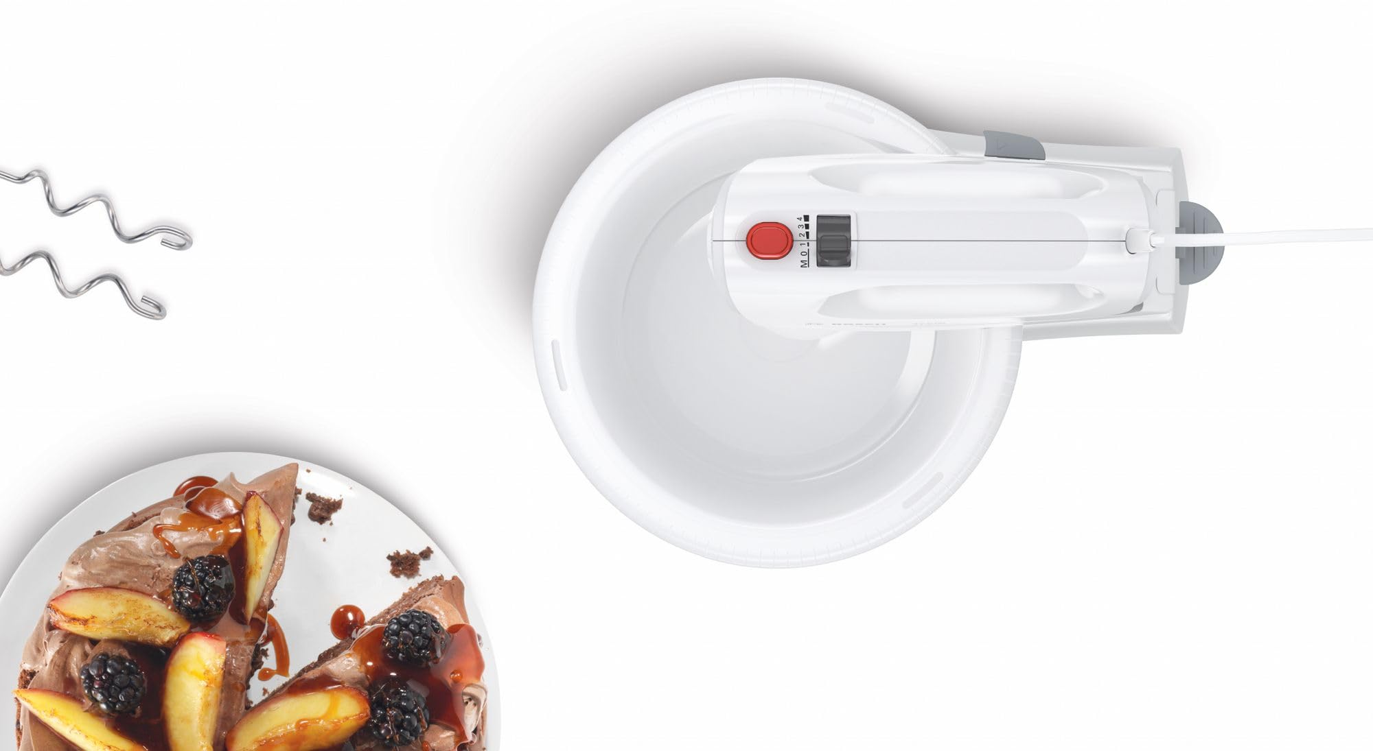 Bosch Hausgeräte MFQ2600W CleverMixx Handrührer, 375 Watt, Schüssel mit Geräteständer, 4 Stufen, weiß/rot