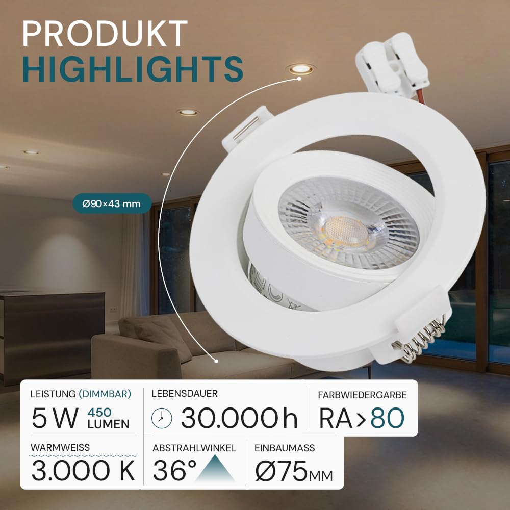 LUXULA LED Einbaustrahler schwenkbar 20 Stück - Einbaumaß 75mm - Deckenspot Weiß, Einbauleuchte Decke - 5W 450lm 3000K warmweiß - 38° Spotlight - LED Spots 30.000h - LED Deckenleuchte 230V Bad/Küche