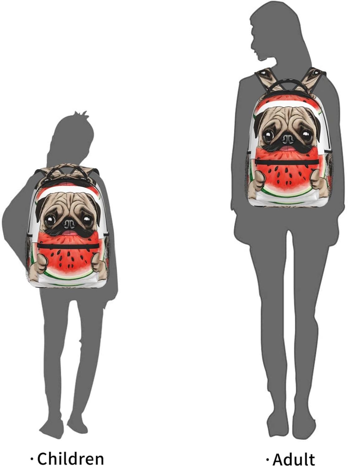 Girls Watermelon Pug Backpack Bookbag 16 Inch Shoulder Bag Casual Daypack For 1-5th Grade