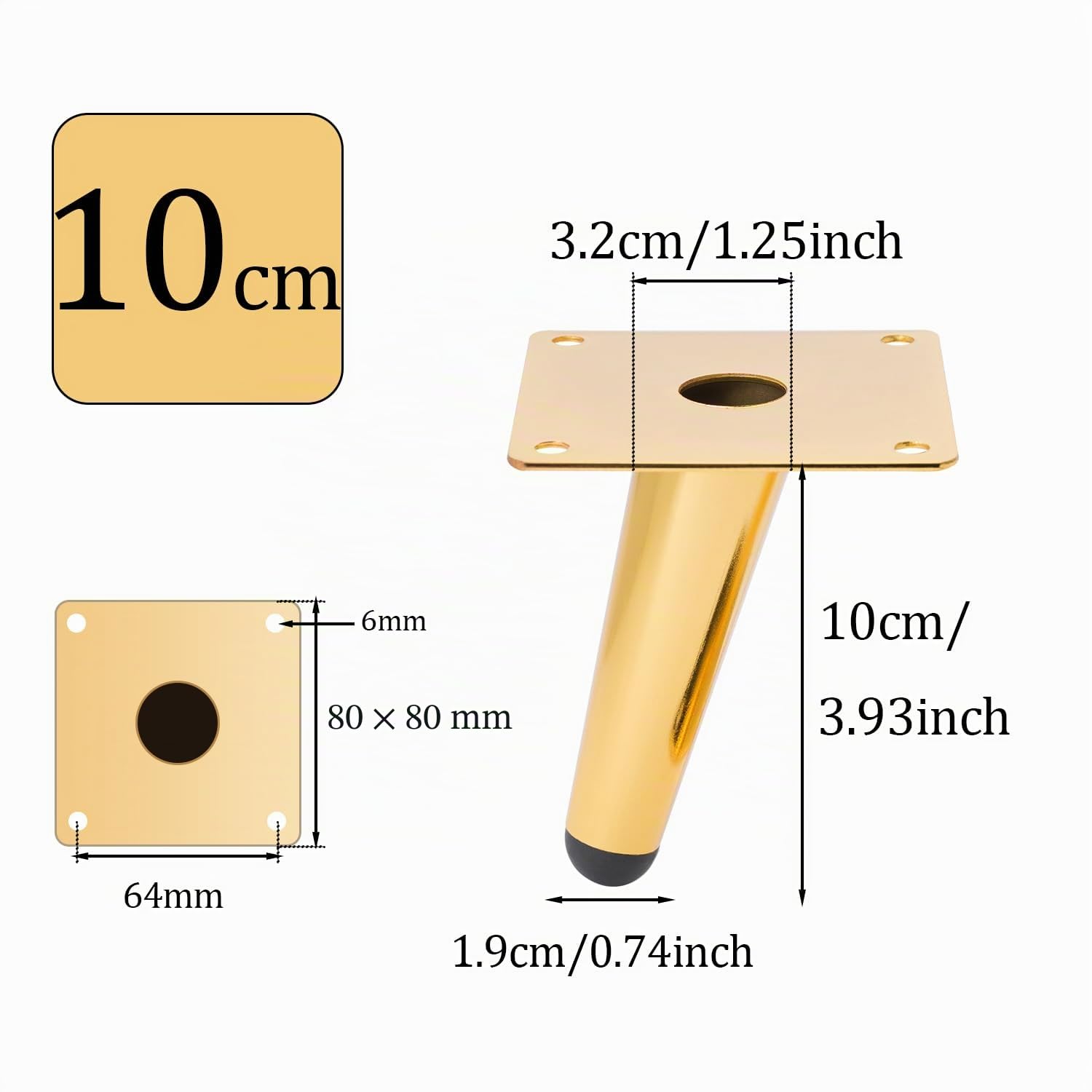 NAKUPENDA Patas de Muebles 4Pcs Patas de Muebles de Cono Inclinado Patas de Armario de Metal Patas de Mesa para Gabinete Silla Mesa de Café Sofá (10cm Altura,Dorado)