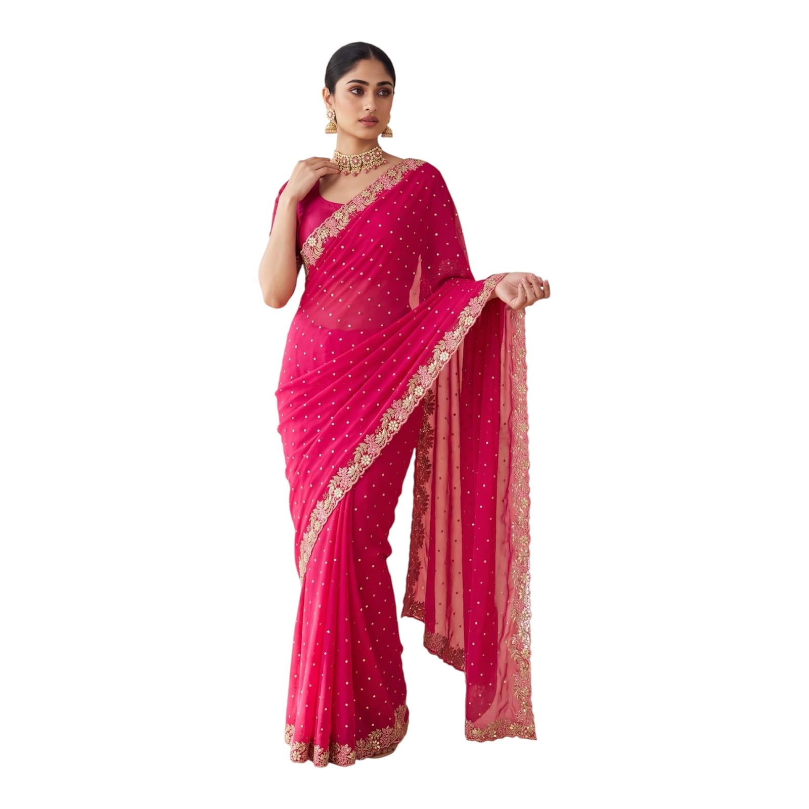 KAMBE Women’s Rani Pink Pure Chiffon Saree with Hand Embroidered, Embellished Sequin & Gota Patti Work | Designer Floral Border | Festive, Wedding & Ethnic Saree | Unstitched Blouse Piece |-picture-41