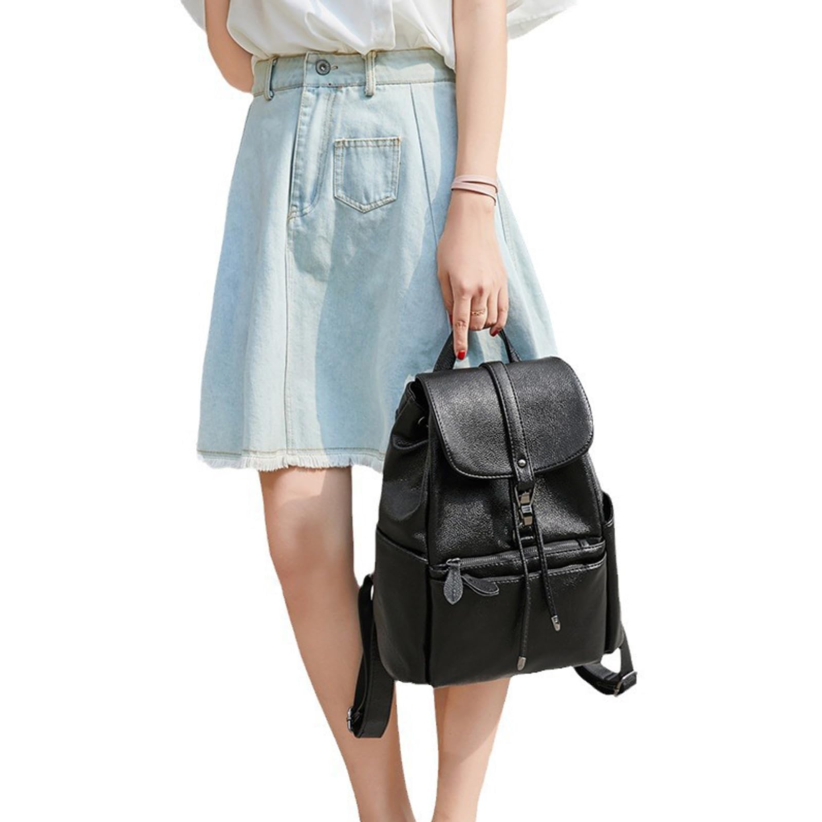Damen Rucksack PU Leder Elegant Wasserdicht Anti-Diebstahl Große Kapazität für Freizeit Arbeit Schule Reise Schwarz