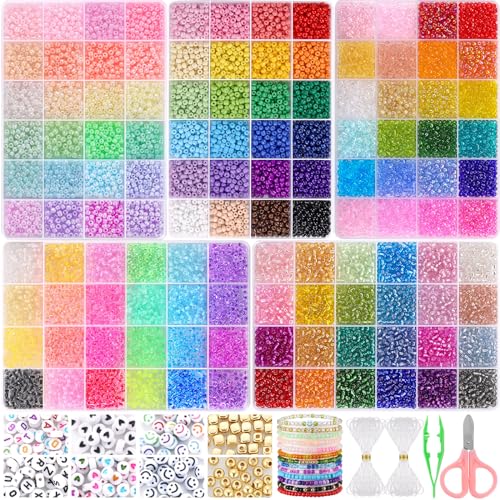 Funtopia 13000pcs 4mm Seed Beads for Jewelry Making 5 Types 120 Colors Small Glass Beads for Bracelets Friendship Bracelet Kit with Alphabet Letter Beads Smile Face Beads for DIY Art and Craft