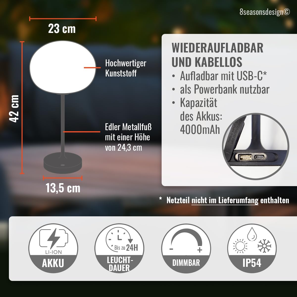 8 seasons design LED Akku Tischlampe, innen & außen, 42 cm - Glowing Elegance - dimmbar, warmweiß, wetterfest - kabellos, USB-C & Powerbank-Funktion - Terrasse, Garten & Wohnbereiche