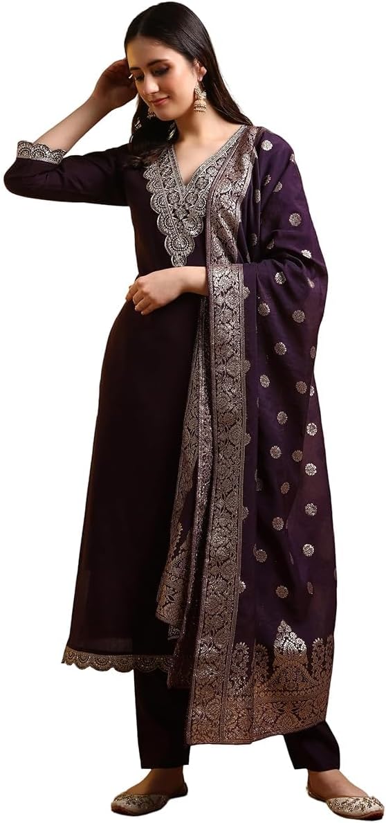 DREAMANGEL FASHION Women Kurta Set Roman Silk Embroidered Straight Kurta With Pant and Dupatta