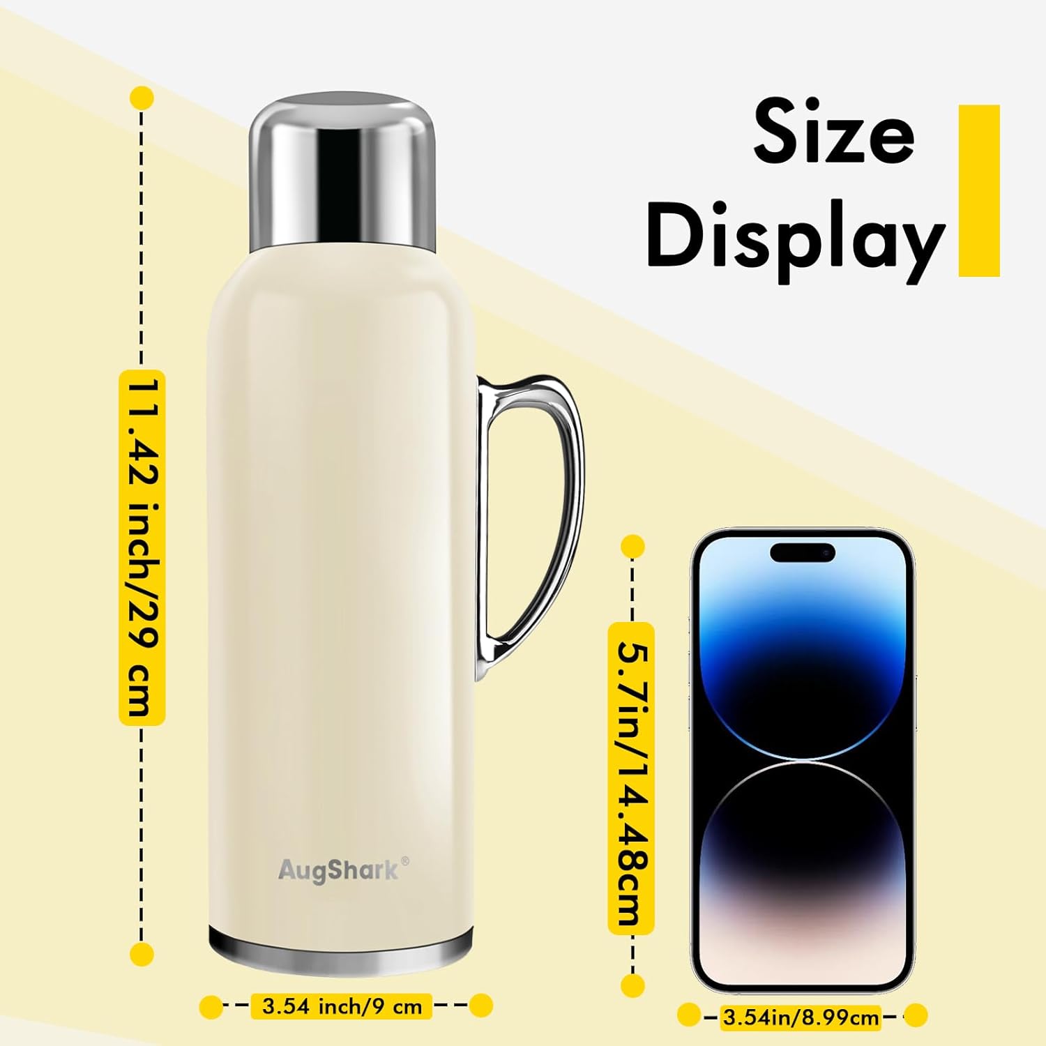 34 oz Insulated Water Bottle, Double Wall Vacuum Stainless Steel Water Flask Jug with Handle & Metal Mechanical Temperature Measuring Cup Lid, Leakproof Travel Bottle Keep Cold 36h Hot 24h