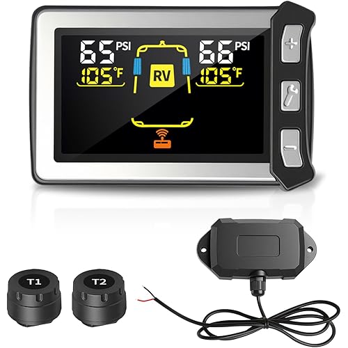 RV Tire Pressure Monitoring System, Gen 2 Tire Pressure Monitor with Color LCD Display, TPMS with 2 Sensors for Travel Trailer/5th Wheel/Camper, 0-87PSI with 120ft Transmission Distance