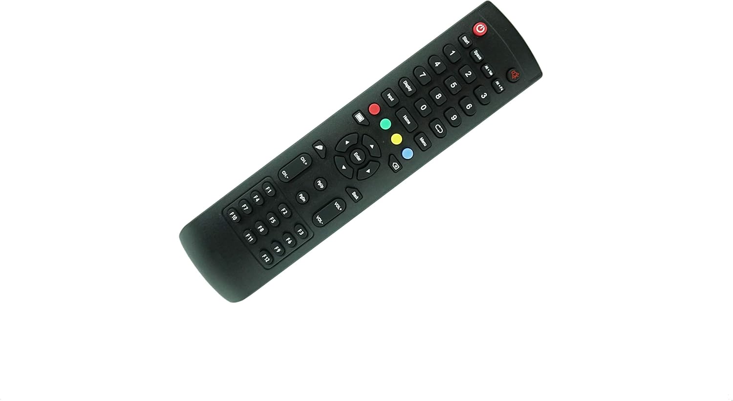 Angled view of the generic remote control, highlighting the ergonomic design and button placement.