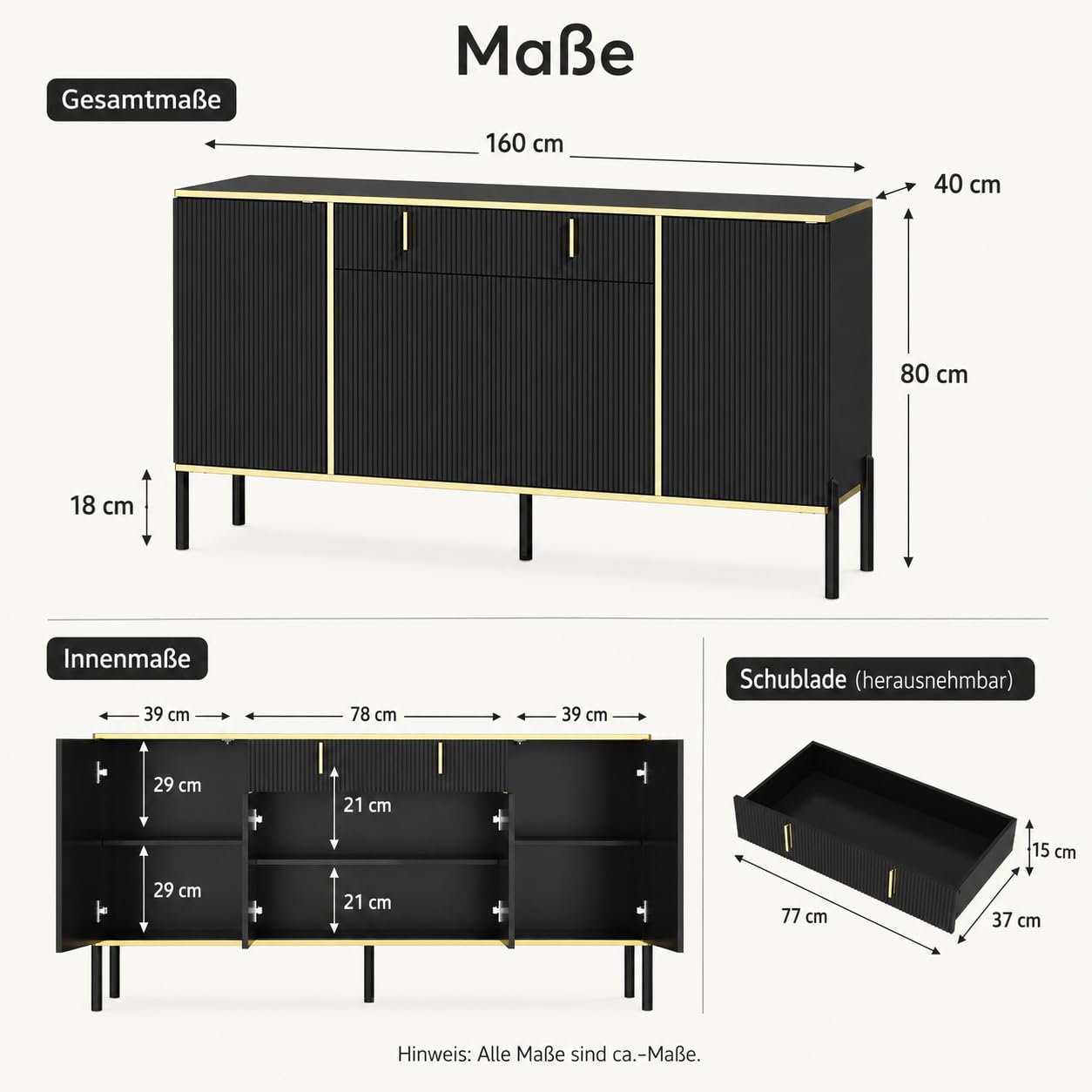 Credenza con 4 ante e 1 cassetto, ripiano regolabile, cassettiera, armadio da cucina, buffet con gambe in metallo per ingresso