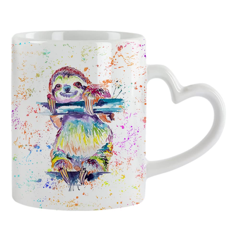 Sloth Beautiful Water Colour Painting Rainbow Art Birthday, Christmas, Secret Santa Coffee Tea Cocoa Soup Daily use Mug Ceramic Heart Handle Coffee Mug. (White)