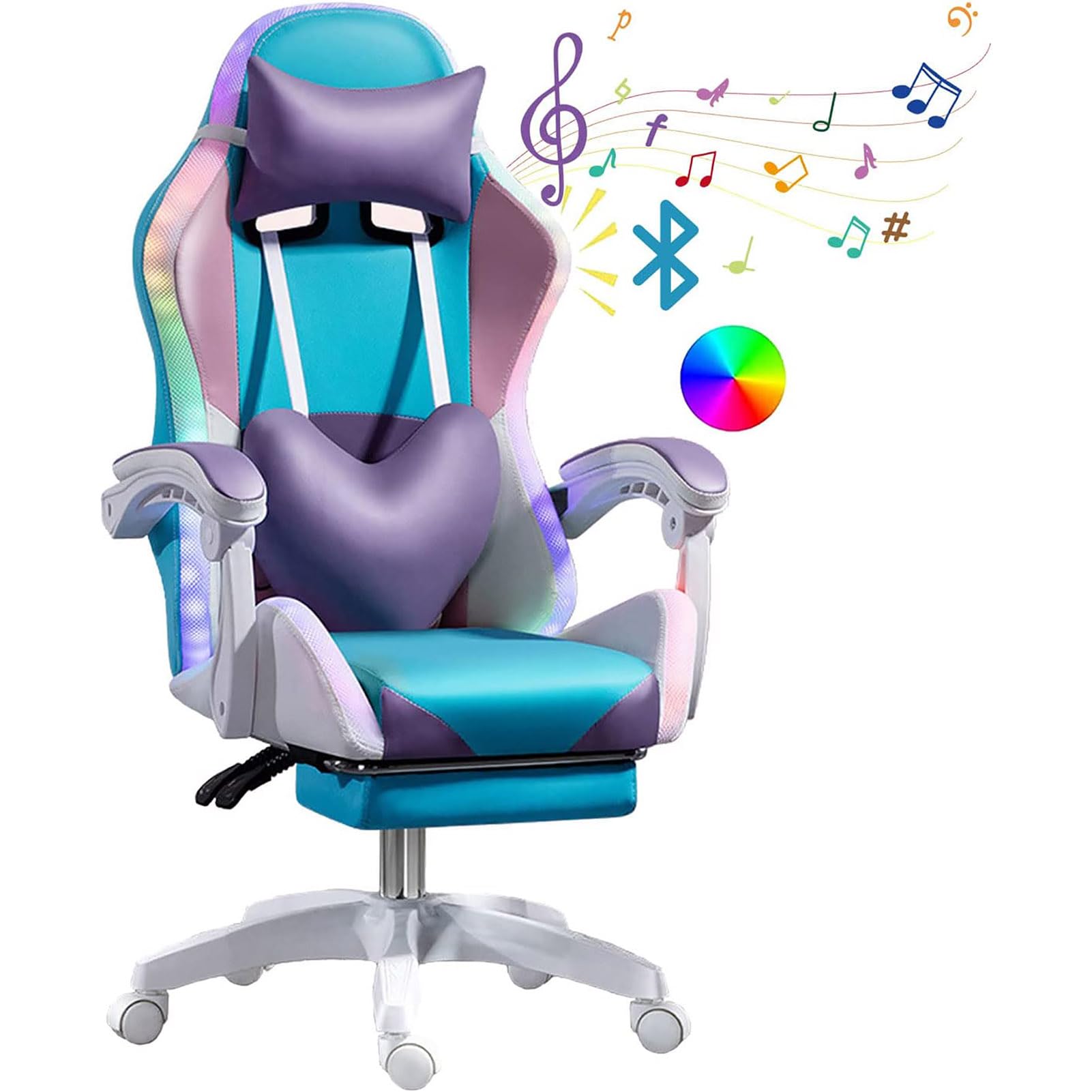 Chaise de jeu RGB avec haut-parleurs Bluetooth et dossier inclinable ergonomique en cuir PU