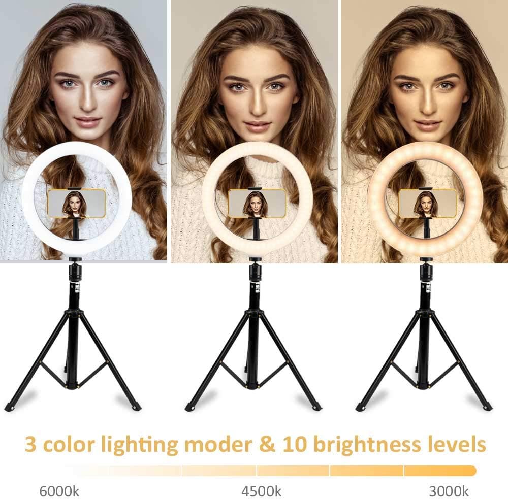 GLISTON 10'' Selfie Ring Light with Tripod Stand, LED Circle Light with Adjustable Cell Phone Holder, Dimmable Ringlight for Live Stream/Makeup/YouTube Video/TikTok, Compatible with iPhone/Android