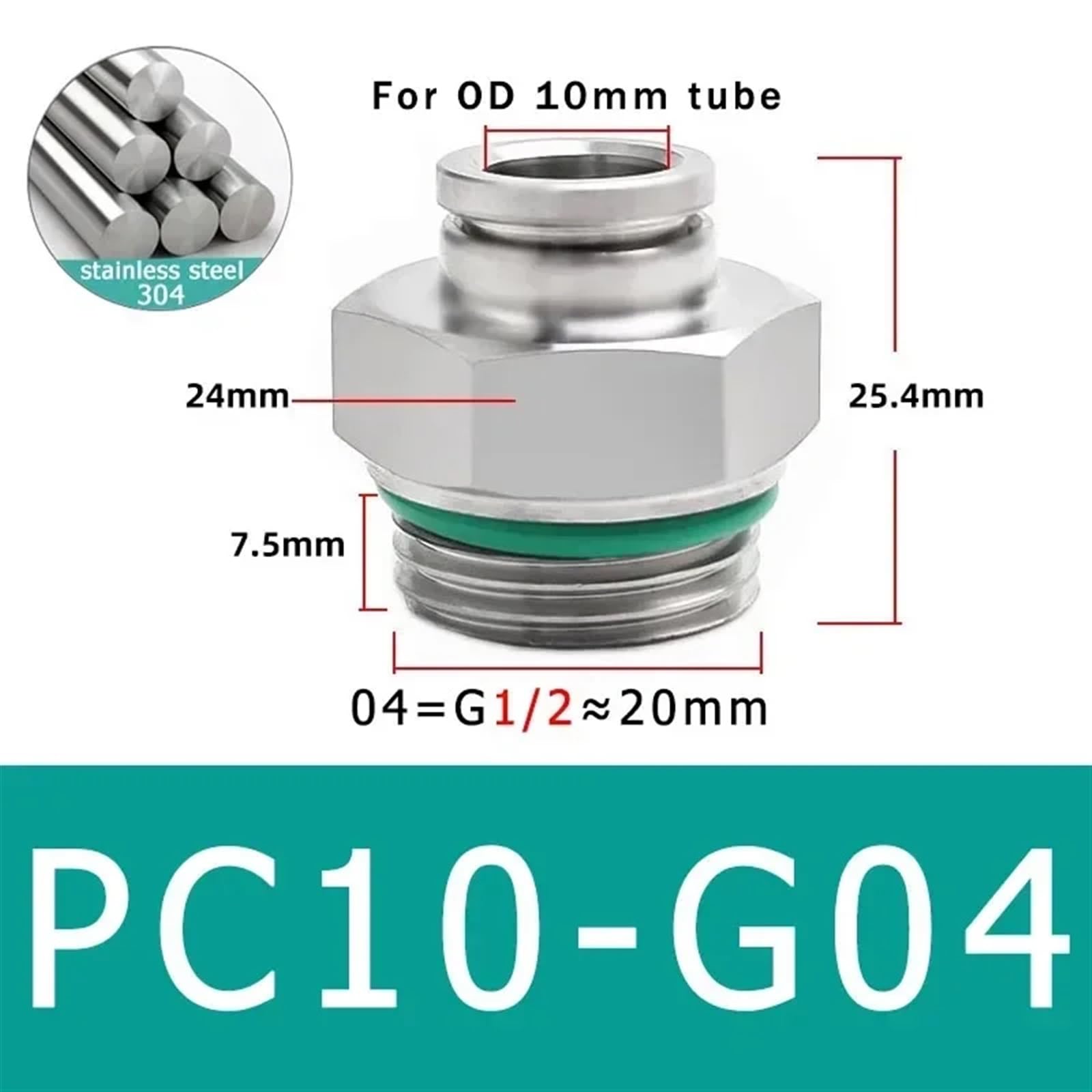 Conector de manguera de aire de acero inoxidable 304, conector de tubo neumático de rosca G for PC, 1/8, 1/4, 3/8, 1/2, M5, BSPT, acoplamiento rápido, 10 Uds.(Color:PC10-G04)