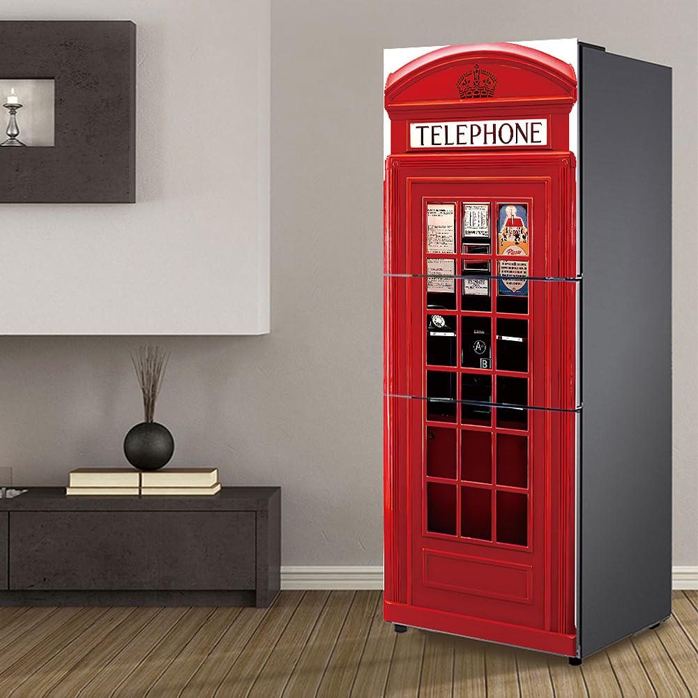 Targawerelax Red Fridge Wraps Kitchen Fridge Stickers Cover Full Doors, Fridge Sticker Full Covering Door Fridge Covers Skins Wall Stickers For Kitchen Decal, Vintage Telephone Booth