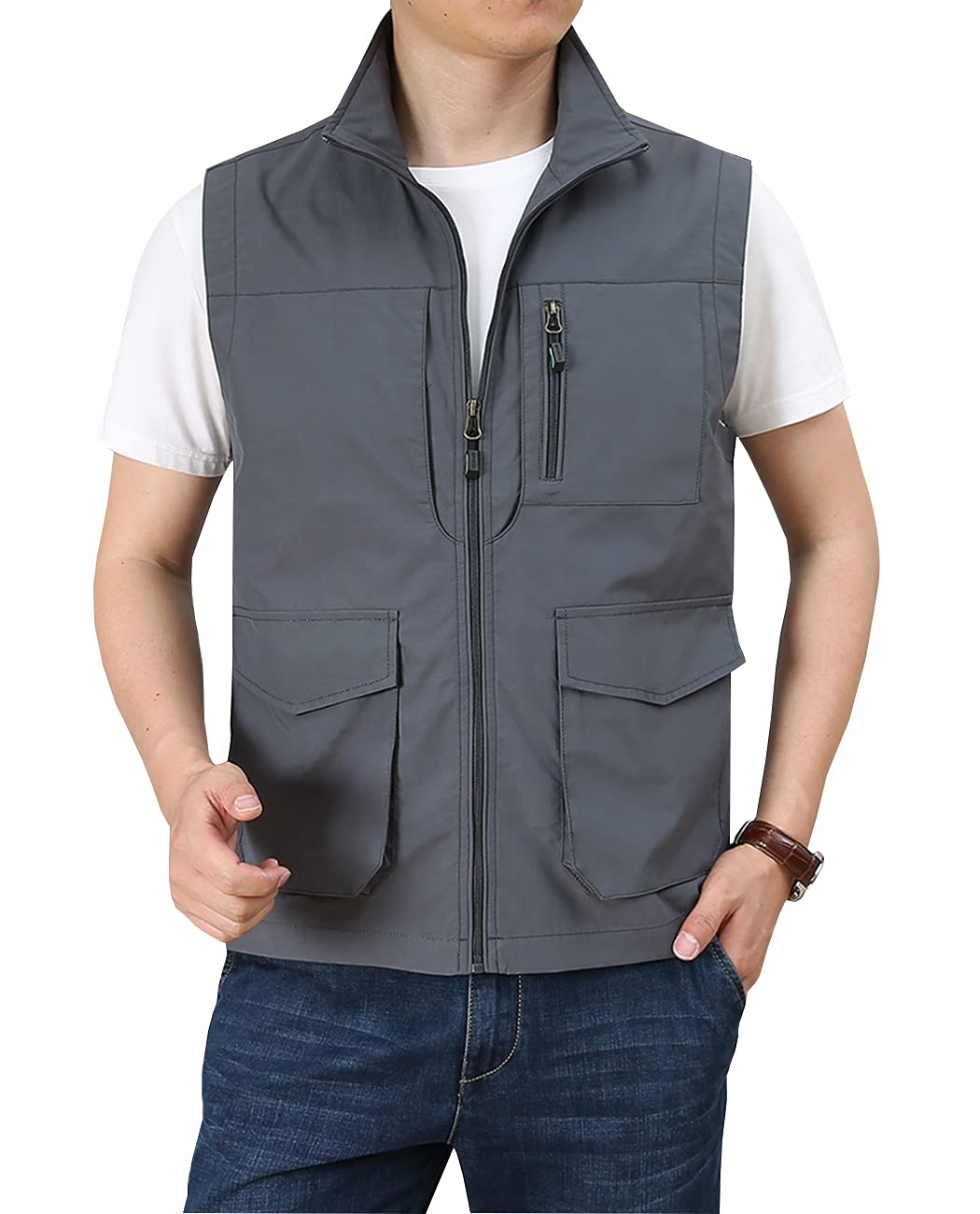 Hixiaohe Men's Casual Lightweight Outdoor Vest Work Fish Photo Travel Golf Vest Zip up Sleeveless Jacket with Pockets