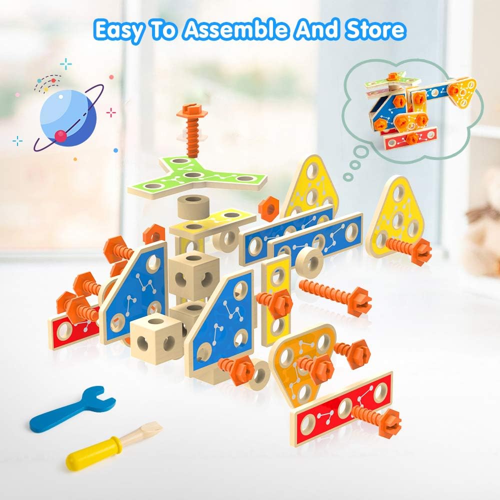 Various wooden building blocks, screws, nuts, and tools laid out on a white surface, ready for assembly.