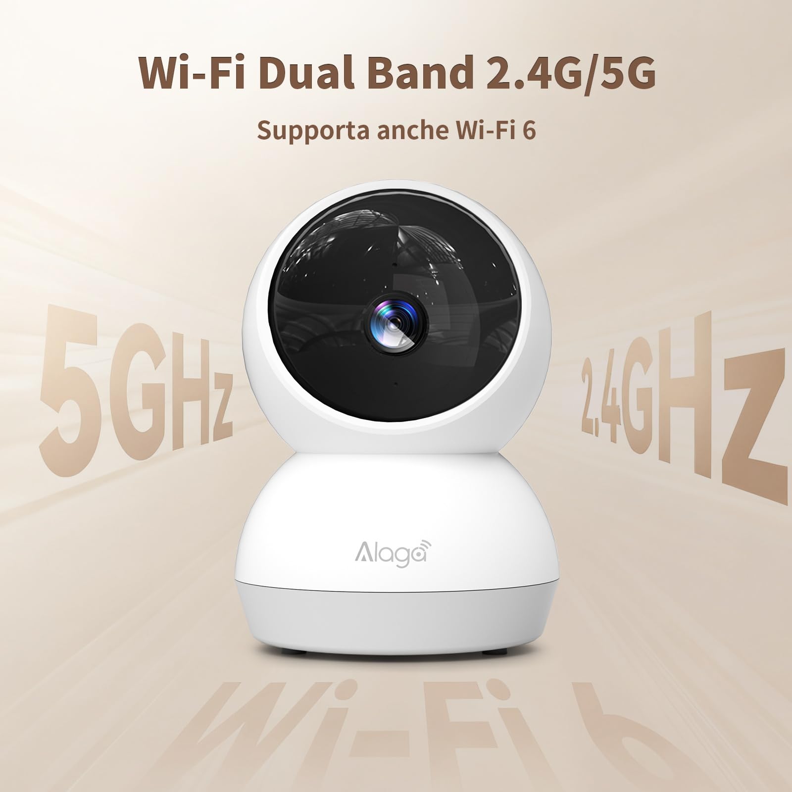 Alaga Telecamera di Sicurezza Interna 2K, Rilevamento AI di Persone e Animali, Wi-Fi 2.4/5 GHz, Rotazione 360°, Visione Notturna, Audio Bidirezionale, Compatibile con Alexa & Google (3 Mesi Cloud)