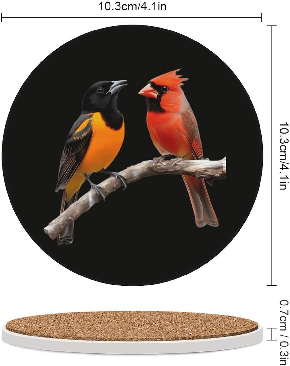 Baltimore Oriole and Cardinal Bird Round Ceramic Coasters Print Drinks Absorbent with Cork Base for Home Decor Gifts 4 Inch