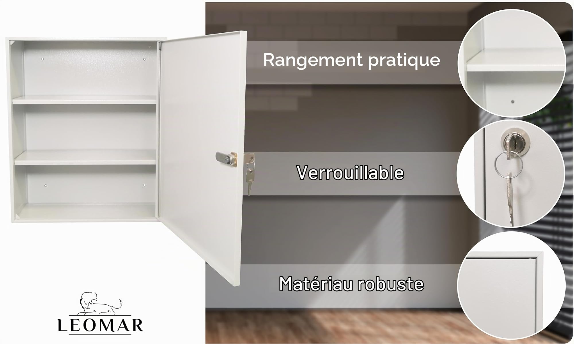 LEOMAR Armoire à Pharmacie, en Tôle d'acier, avec 2 Étagères, Verrouillable, avec 2 Clés, Cabinet à Médicaments, Trousse de Premiers Secours avec Portes en Métal, 14 x 35 x 42 cm