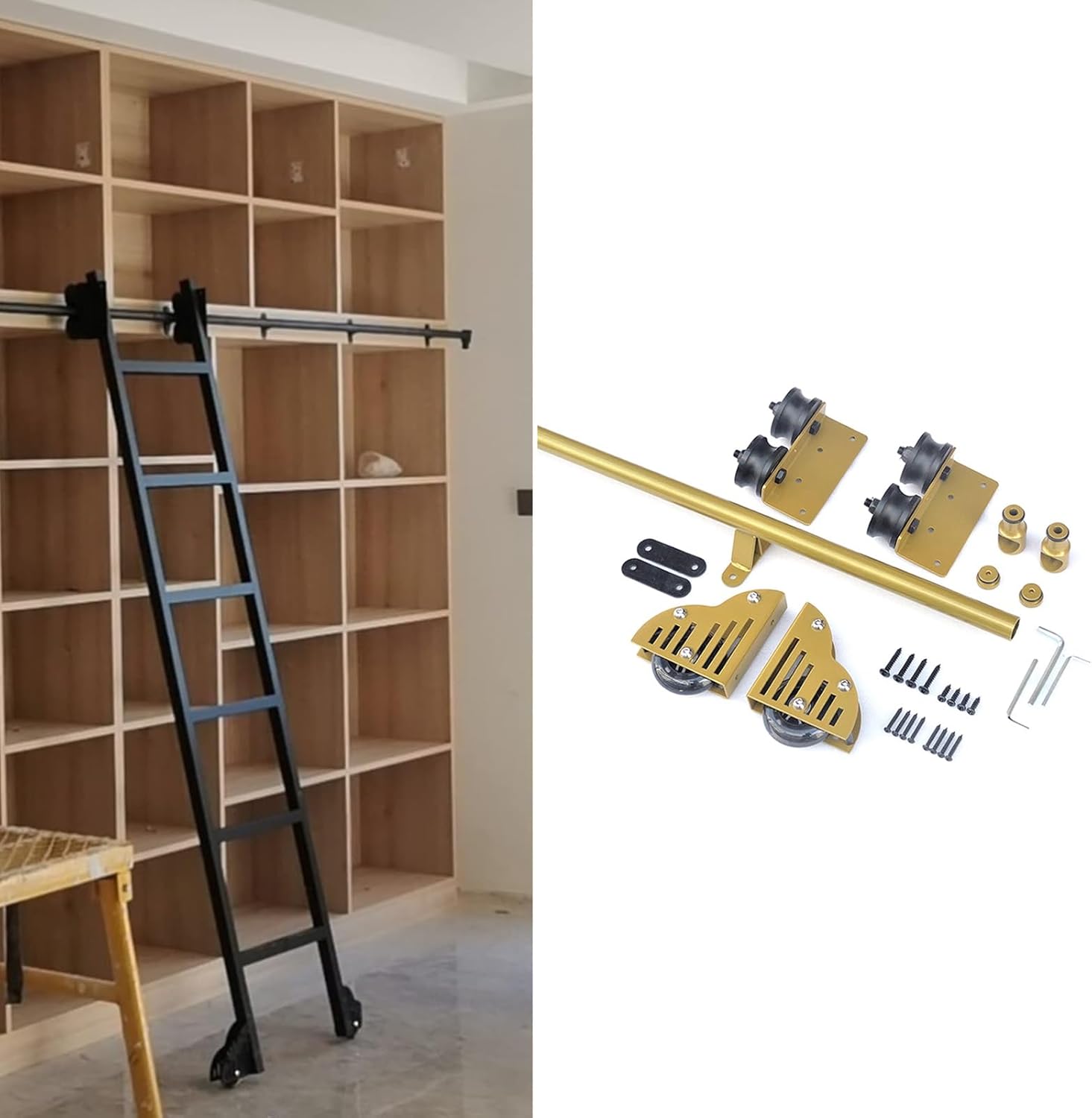 Gold Metal Round Tube Mobile Ladder Rail with Floor Roller Wheels, 100-732cm Full Set Rolling Library Ladder Hardware Kit for Home/Indoor/Loft(16ft/500cm Track kit)